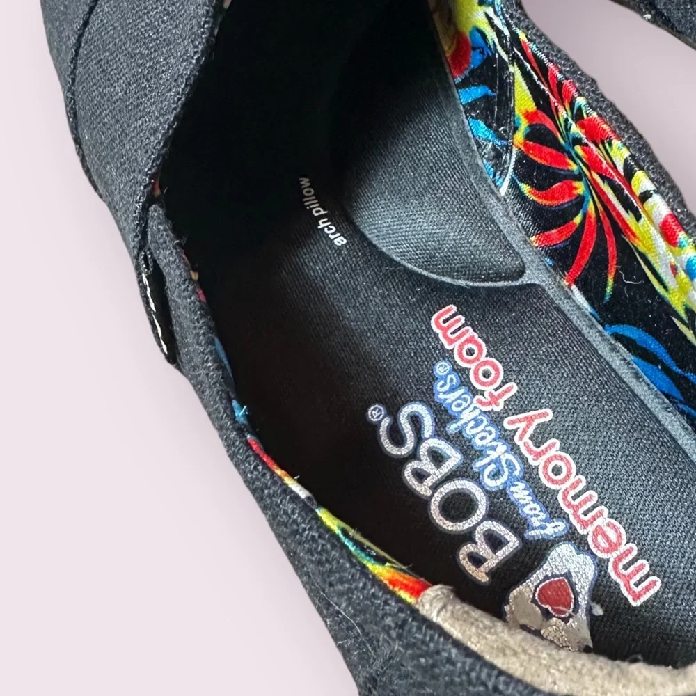 Bobs By Skechers Black Espadrille Women's Slip On Wedge Shoes Sz 8.5 Memory Foam